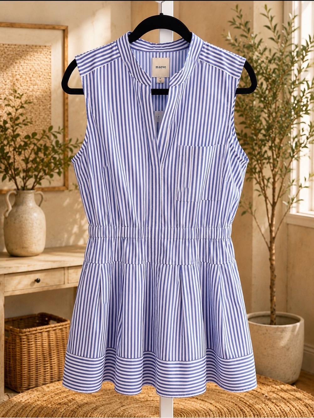 Maeve Blue White Striped Sleeveless Peplum Top Sz M P2P 18’ -NWT